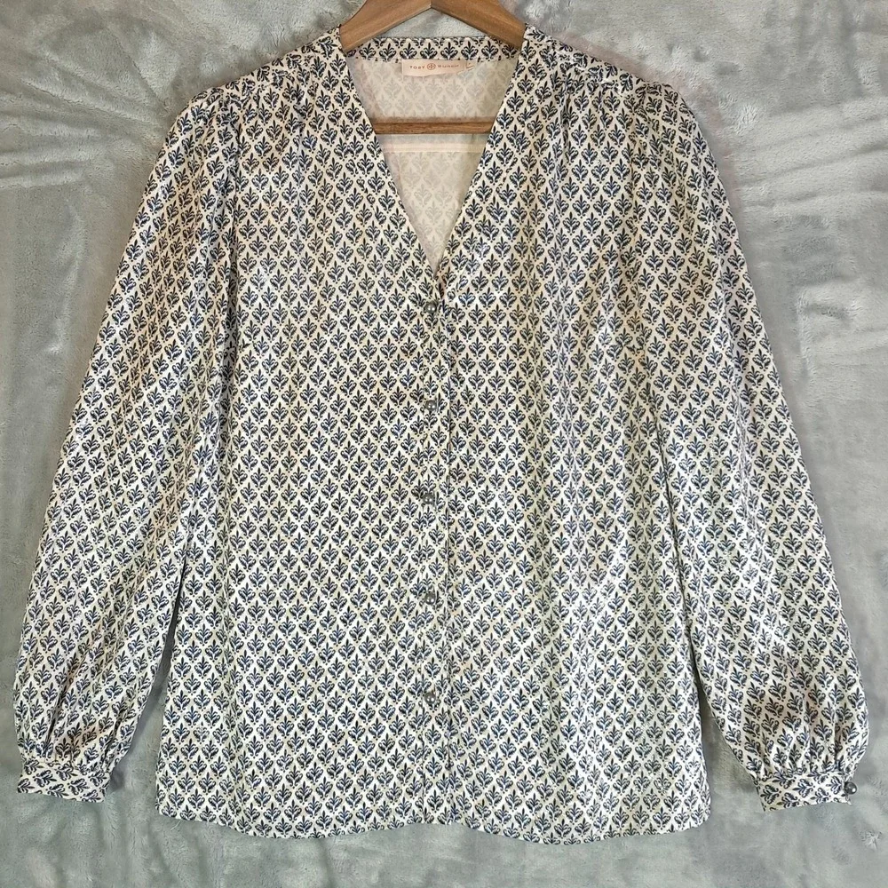 Tory Burch Caralyn Silk Blouse 4 Blue White Geometric Lantern Sleeve 41141166